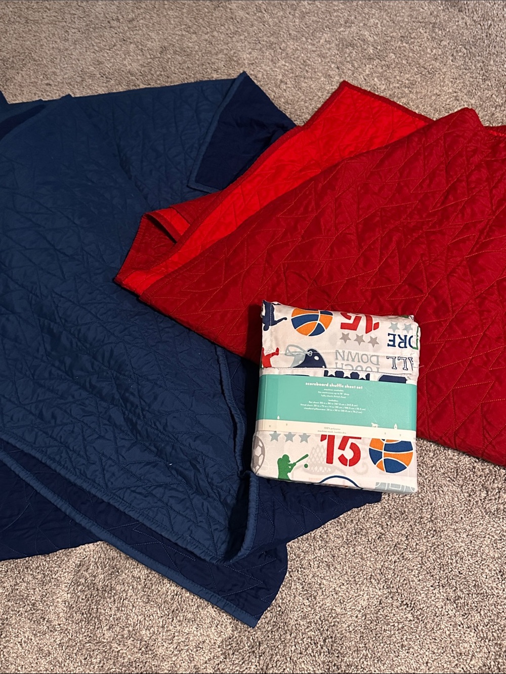 Reversible Twin Quilted Blankets - Navy and Red and Pillow Fort Twin Sheet Set